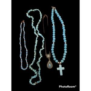 Lot of 4 Turquoise Colored Necklaces Cross, Pendant, Beads and Stone